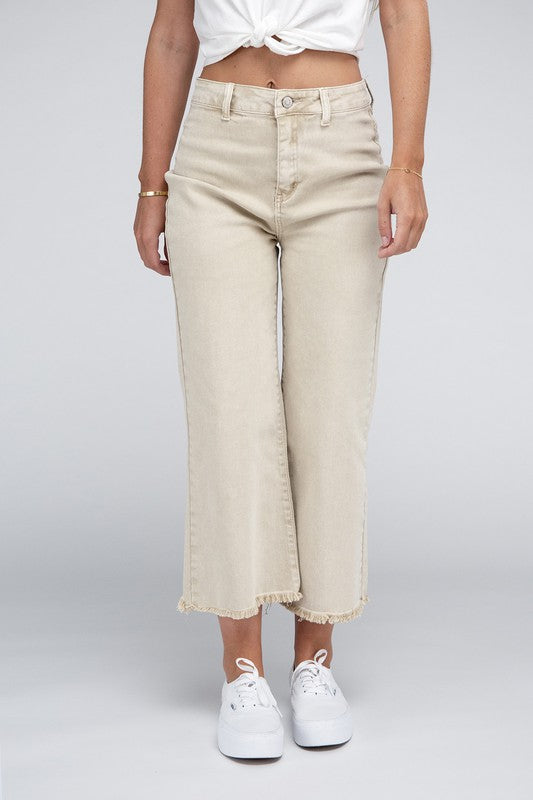 Acid Washed High Waist Frayed Hem Straight Pants