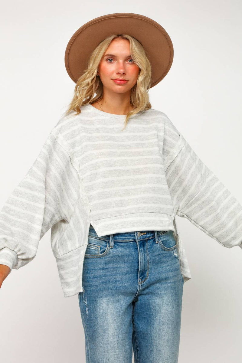 PLUS SIZE STRIPE LONG SLEEVE SLITS PULLOVER TOP