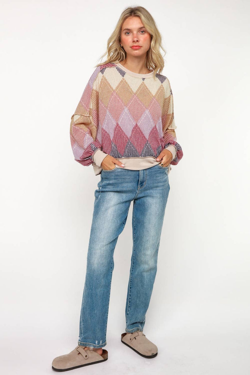 ARGYLE PRINT OVERSIZED LONG SLEEVE KNIT TOP