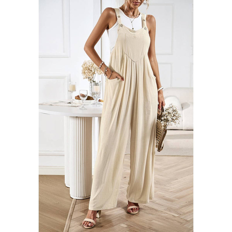Button Detail Wide Leg Overall Pockets Jumpsuit