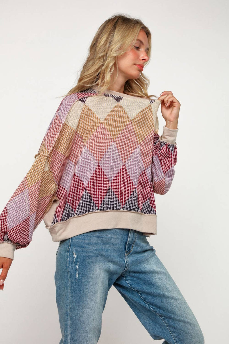 ARGYLE PRINT OVERSIZED LONG SLEEVE KNIT TOP