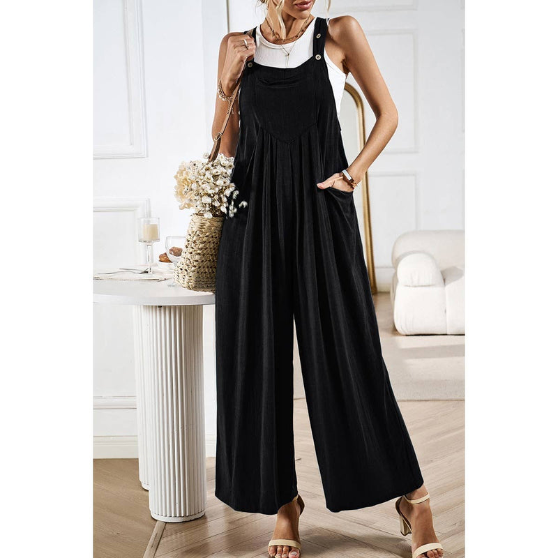 Button Detail Wide Leg Overall Pockets Jumpsuit