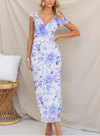 Blue Floral Print V-Neck Maxi Dress