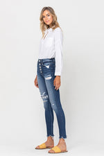 HIGH RISE PATCHED BUTTON UP RAW HEM ANKLE SKINNY - In Bloom Boutique 