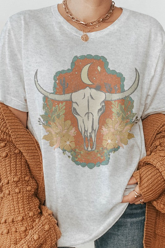 Boho Western Bull Skull Graphic Tee - In Bloom Boutique 