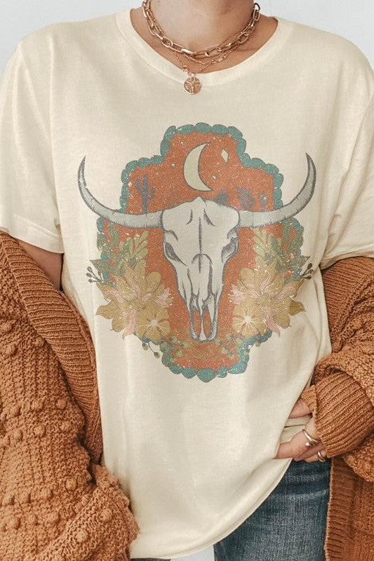 Boho Western Bull Skull Graphic Tee - In Bloom Boutique 
