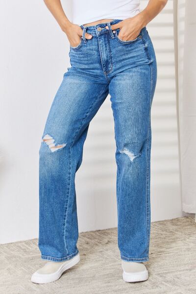 Judy Blue Full Size High Waist Distressed Straight-Leg Jeans (Online Only)