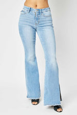 Judy Blue Full Size Mid Rise Raw Hem Slit Flare Jeans (Online Only)