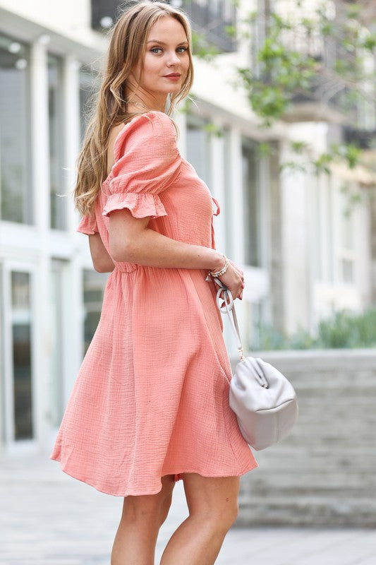Front Tie Puff Sleeve Dress - In Bloom Boutique 