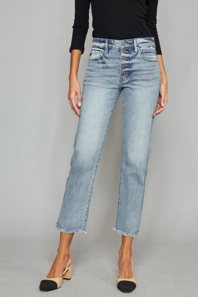 Kancan High Waist Button Fly Raw Hem Cropped Straight Jeans (Online Only)