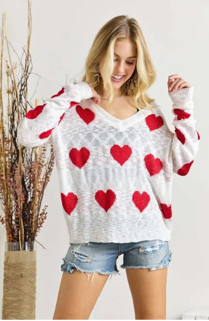 All Over Heart Sweater - In Bloom Boutique 